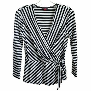 Vince Camuto Long Sleeve V-neck Top Stripe Faux Tie Waist XS